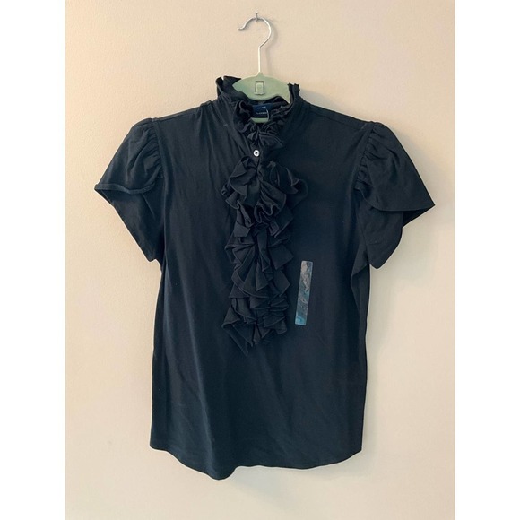 Ralph Lauren Sport Ruffle Blouse Women Sz L Black Mock Neck Short Sleeve Cotton - Picture 1 of 8